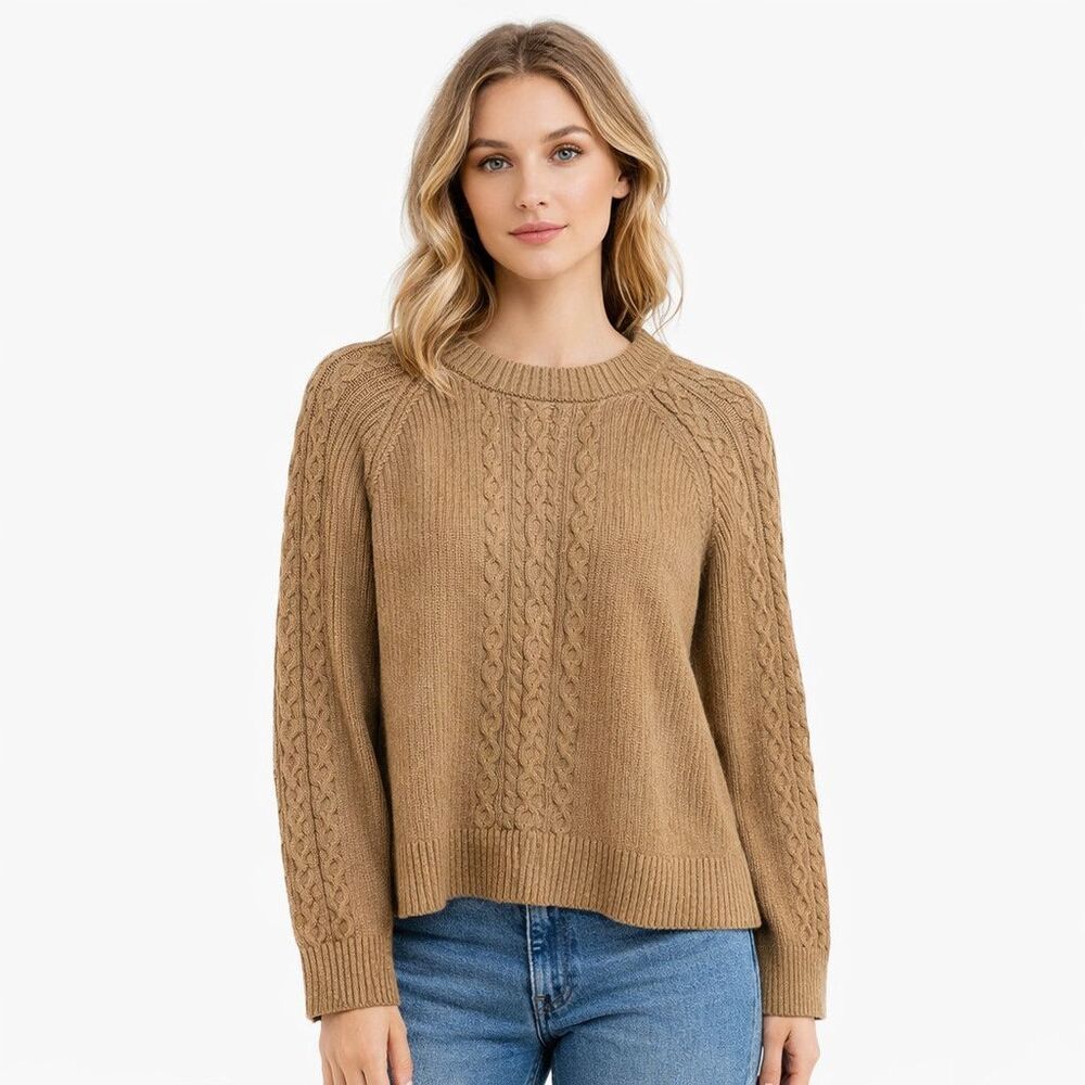 LOFT Sweater Womens Large Beige Cable Knit Raglan Long Sleeve Cotton Pullover